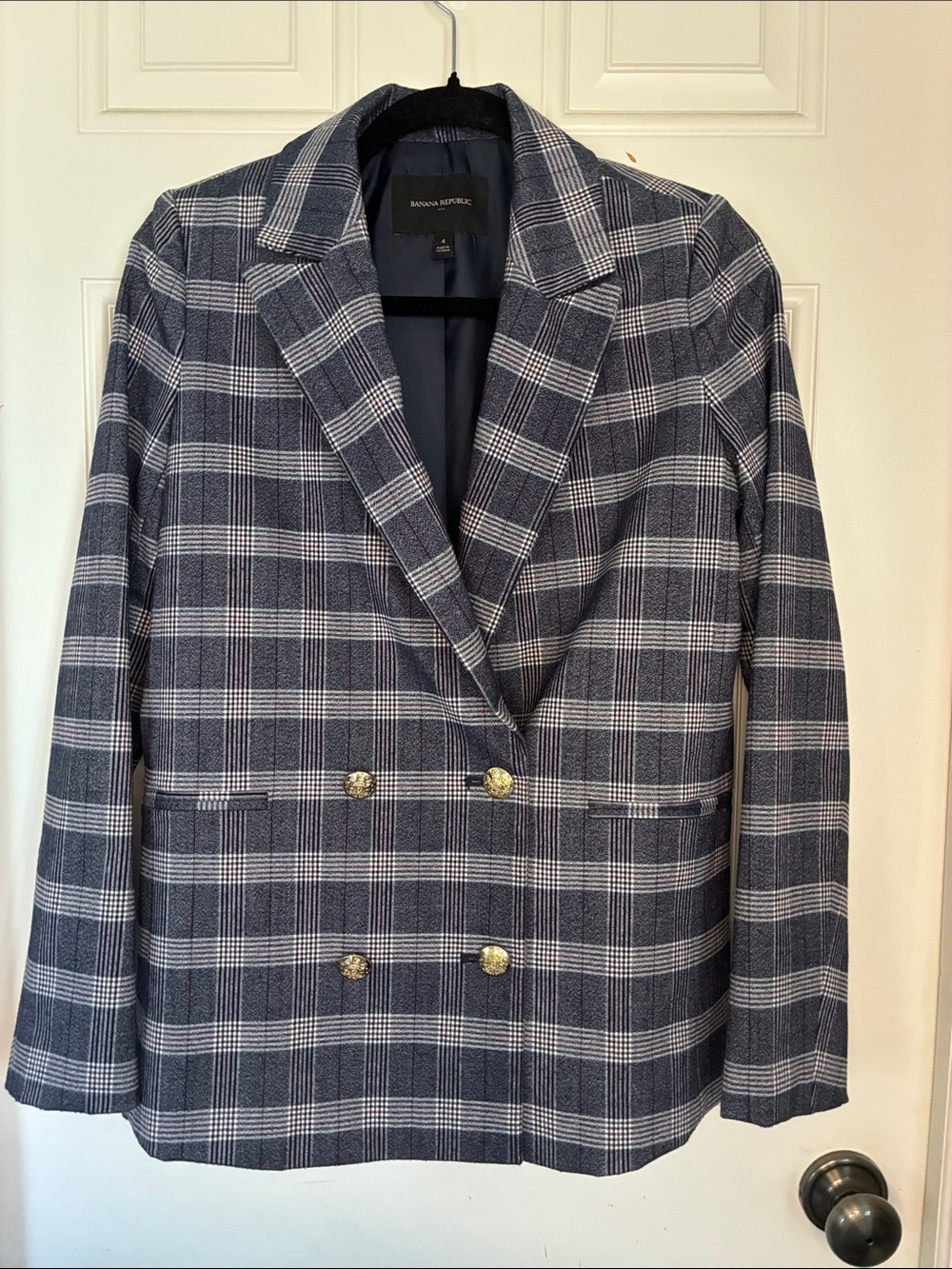 Banana Republic Navy and White Plaid Double-Breasted Blazer